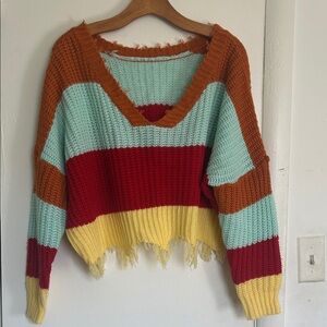 Cropped Striped V-Neck Sweater